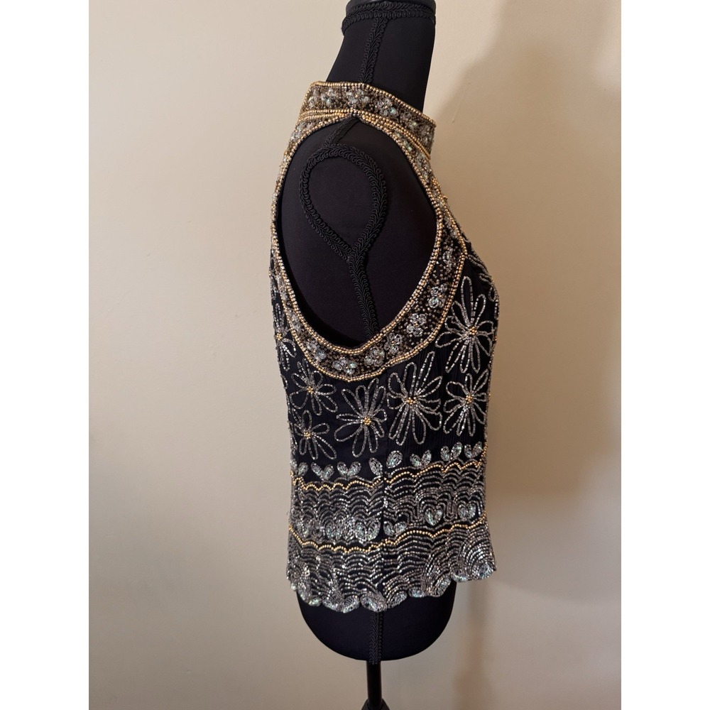 Vintage 90s Beaded Boho Top Luxe Black Gold Floral Halter Glam Art Deco Women L - Picture 4 of 8